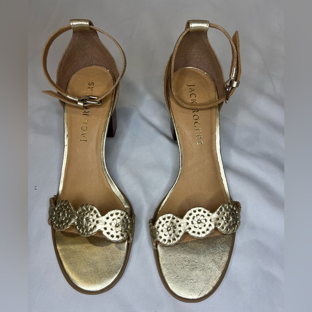 Jack Rogers Leather Heeled Gold Sandals- Lauren Size size 8.5